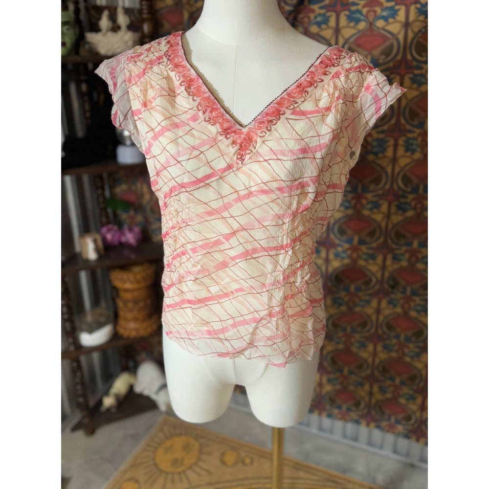 Intuitions Women's Pink Plaid Cap Sleeve V Neck Blouse Top Size‎ 6